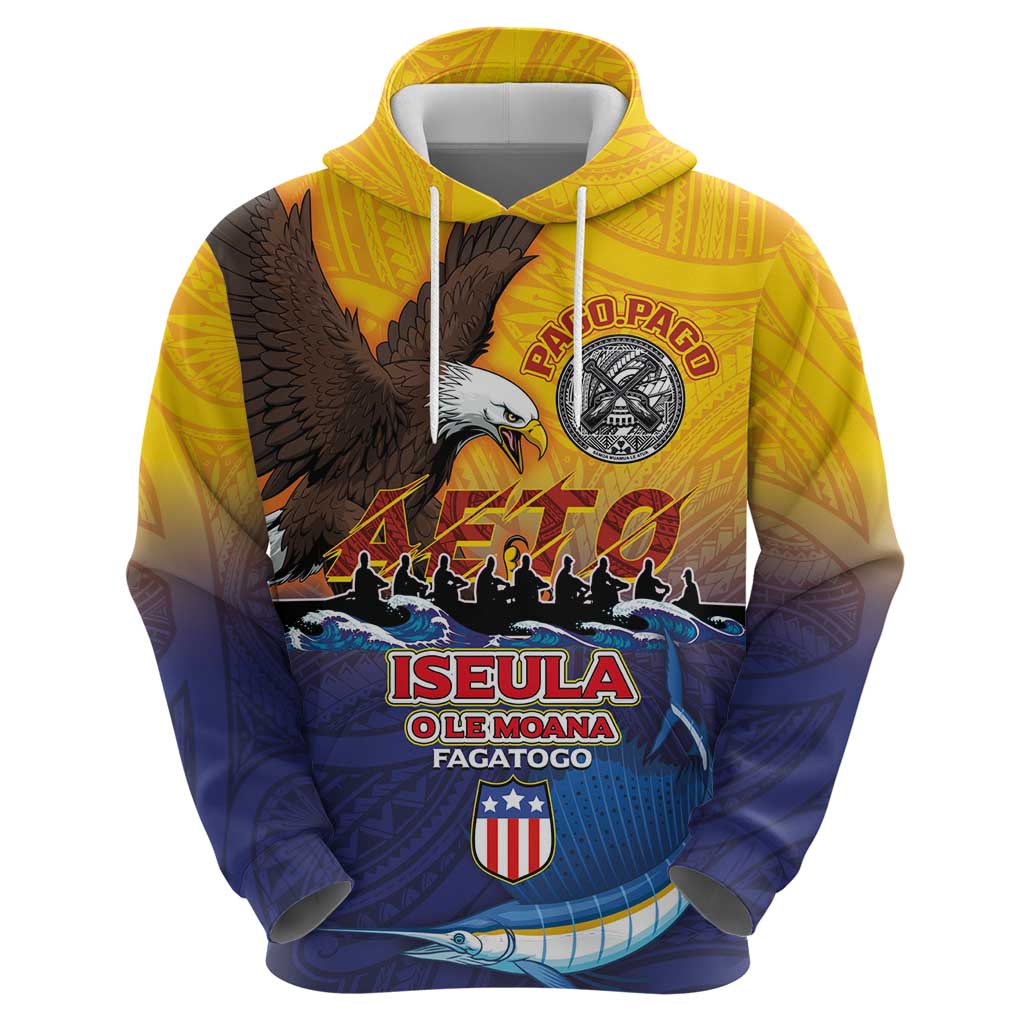 American Samoa Fautasi Zip Hoodie Bald Eage and Sailfish with Kakau Motifs - Polynesian Pride