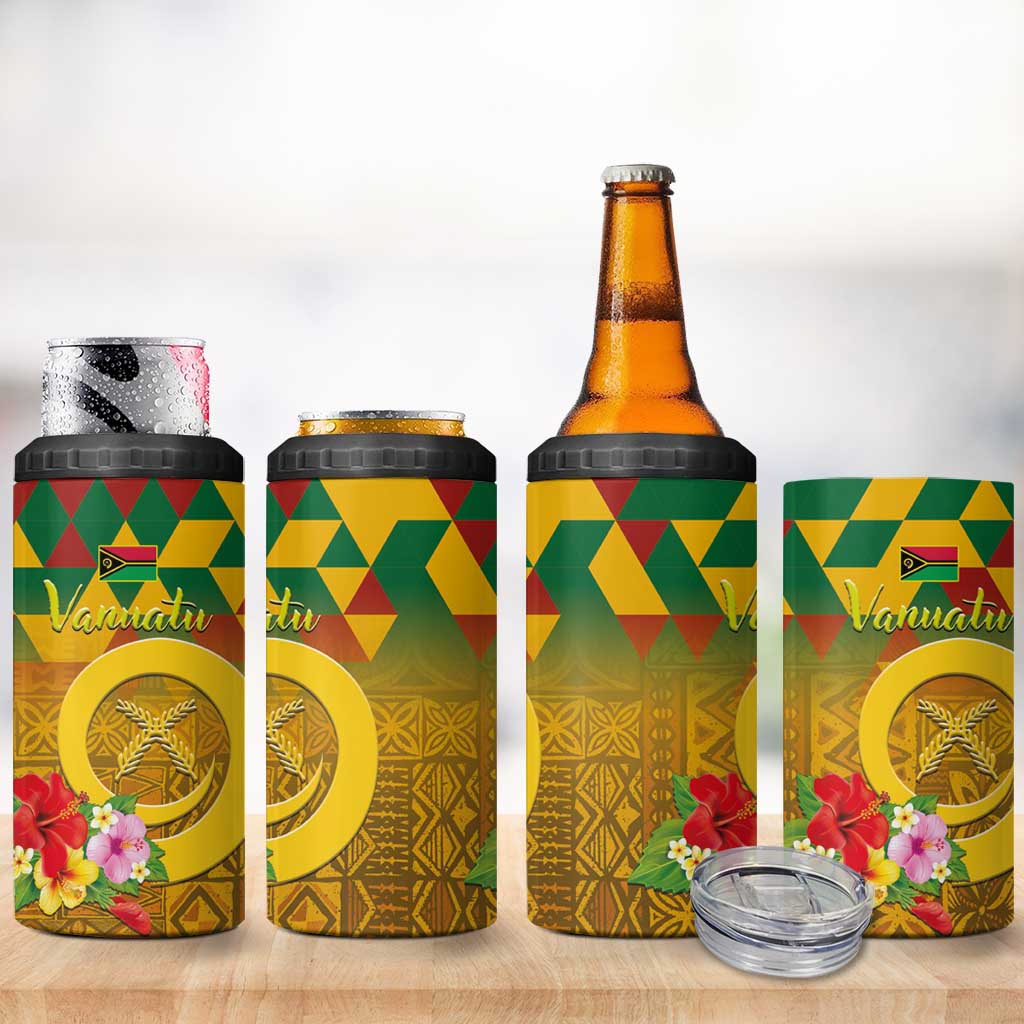 Melanesian Vanuatu 4 in 1 Can Cooler Tumbler With Tapa Tribal Pattern and Triangle Geometric Tricolor - Polynesian Pride