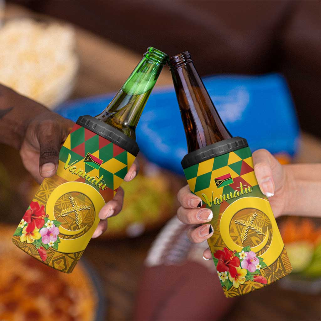 Melanesian Vanuatu 4 in 1 Can Cooler Tumbler With Tapa Tribal Pattern and Triangle Geometric Tricolor - Polynesian Pride