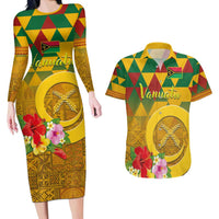 Melanesian Vanuatu Couples Matching Long Sleeve Bodycon Dress and Hawaiian Shirt With Tapa Tribal Pattern and Triangle Geometric Tricolor - Polynesian Pride