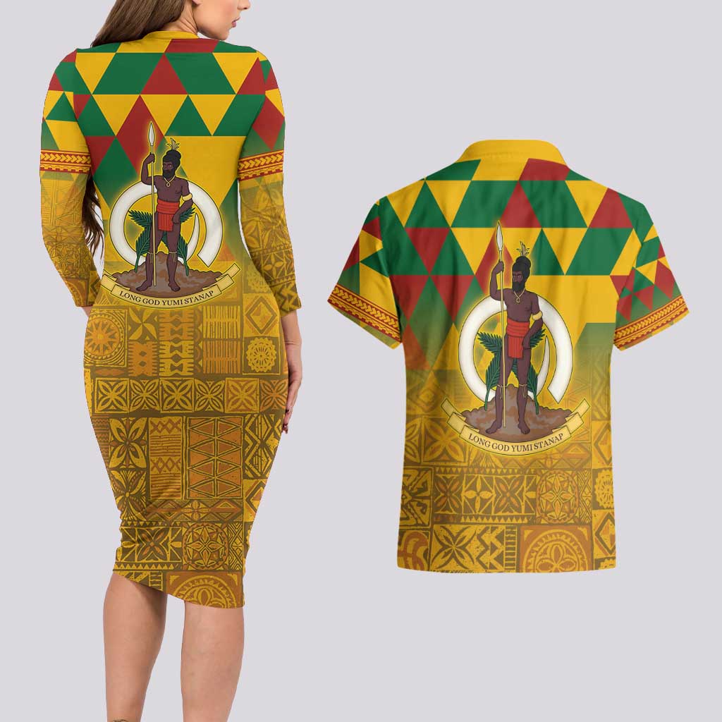 Melanesian Vanuatu Couples Matching Long Sleeve Bodycon Dress and Hawaiian Shirt With Tapa Tribal Pattern and Triangle Geometric Tricolor - Polynesian Pride