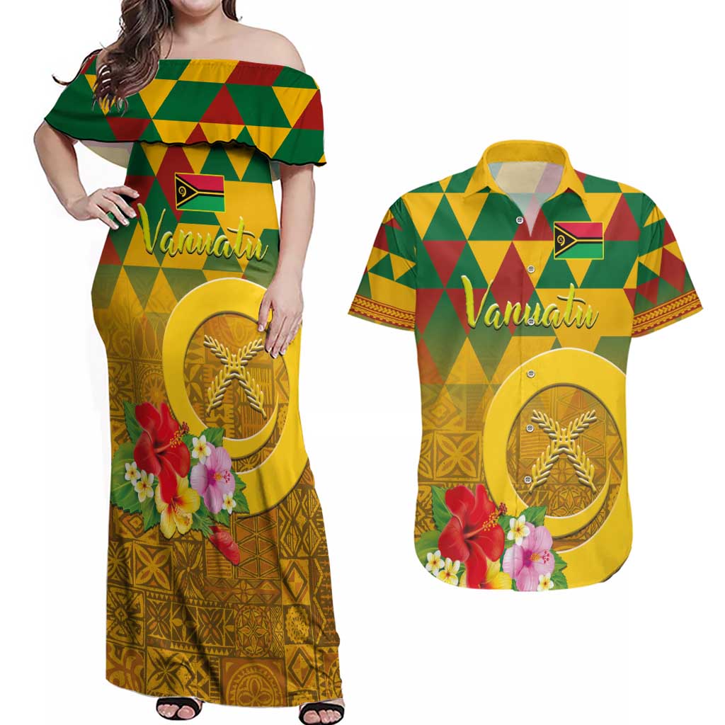 Melanesian Vanuatu Couples Matching Off Shoulder Maxi Dress and Hawaiian Shirt With Tapa Tribal Pattern and Triangle Geometric Tricolor - Polynesian Pride
