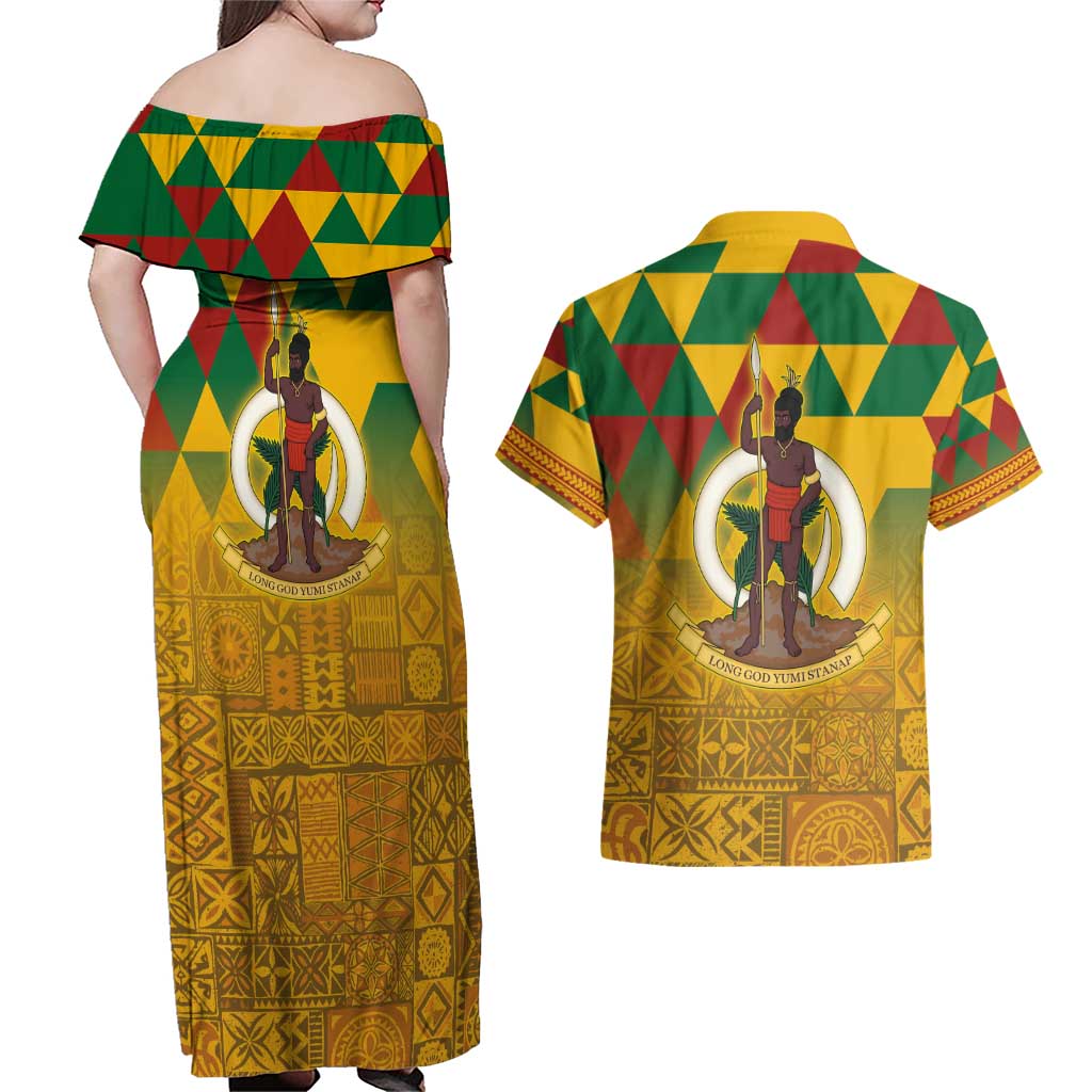 Melanesian Vanuatu Couples Matching Off Shoulder Maxi Dress and Hawaiian Shirt With Tapa Tribal Pattern and Triangle Geometric Tricolor - Polynesian Pride