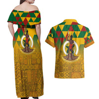 Melanesian Vanuatu Couples Matching Off Shoulder Maxi Dress and Hawaiian Shirt With Tapa Tribal Pattern and Triangle Geometric Tricolor - Polynesian Pride