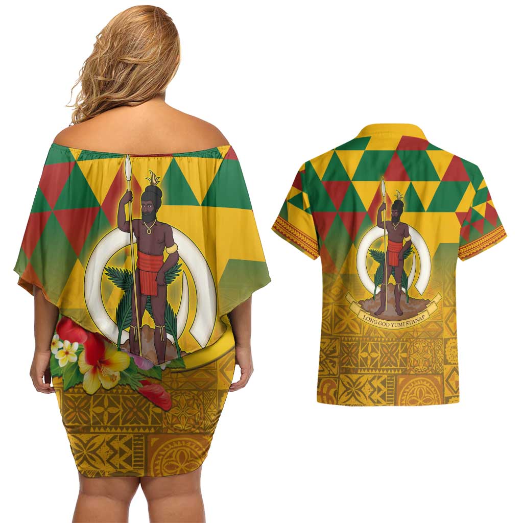 Melanesian Vanuatu Couples Matching Off Shoulder Short Dress and Hawaiian Shirt With Tapa Tribal Pattern and Triangle Geometric Tricolor - Polynesian Pride