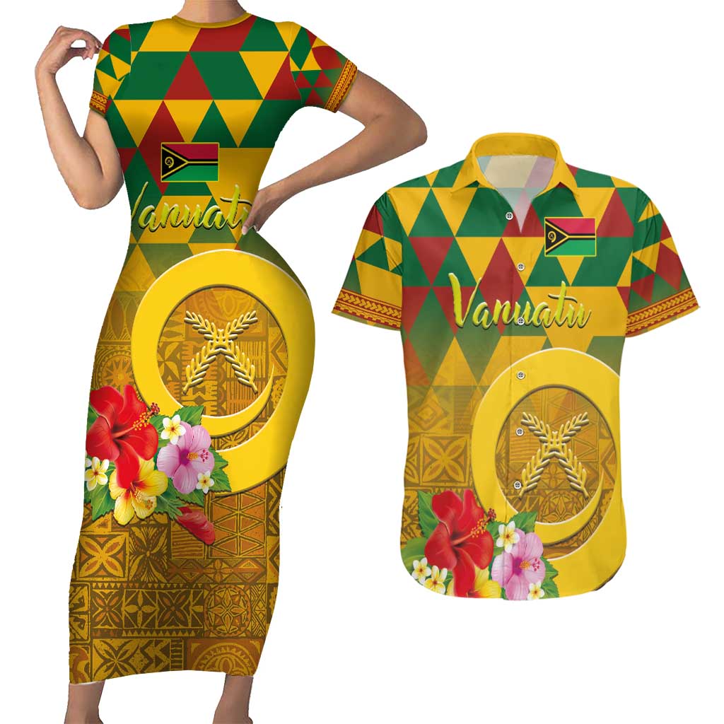 Melanesian Vanuatu Couples Matching Short Sleeve Bodycon Dress and Hawaiian Shirt With Tapa Tribal Pattern and Triangle Geometric Tricolor - Polynesian Pride