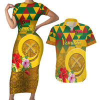 Melanesian Vanuatu Couples Matching Short Sleeve Bodycon Dress and Hawaiian Shirt With Tapa Tribal Pattern and Triangle Geometric Tricolor - Polynesian Pride