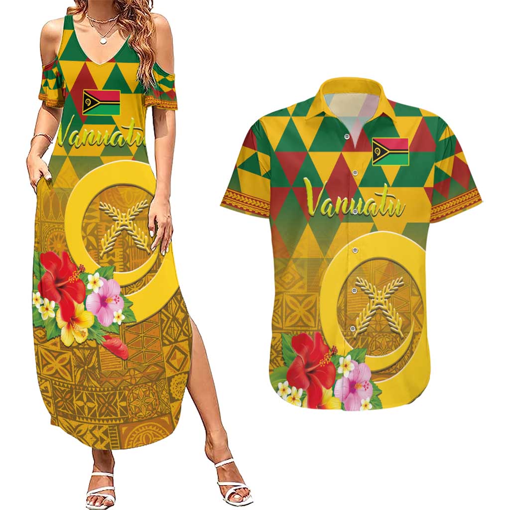 Melanesian Vanuatu Couples Matching Summer Maxi Dress and Hawaiian Shirt With Tapa Tribal Pattern and Triangle Geometric Tricolor - Polynesian Pride