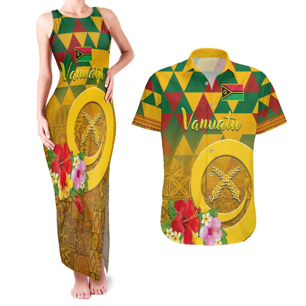 Melanesian Vanuatu Couples Matching Tank Maxi Dress and Hawaiian Shirt With Tapa Tribal Pattern and Triangle Geometric Tricolor - Polynesian Pride