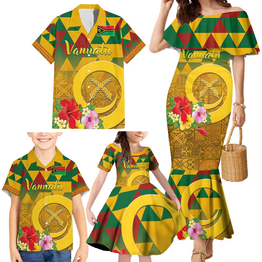 Melanesian Vanuatu Family Matching Mermaid Dress and Hawaiian Shirt With Tapa Tribal Pattern and Triangle Geometric Tricolor - Polynesian Pride