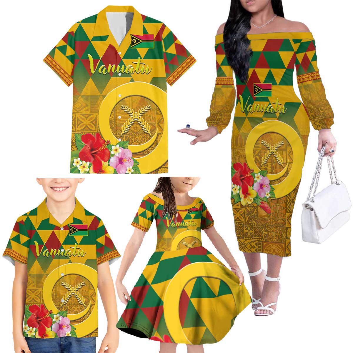 Melanesian Vanuatu Family Matching Off The Shoulder Long Sleeve Dress and Hawaiian Shirt With Tapa Tribal Pattern and Triangle Geometric Tricolor - Polynesian Pride