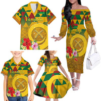 Melanesian Vanuatu Family Matching Off The Shoulder Long Sleeve Dress and Hawaiian Shirt With Tapa Tribal Pattern and Triangle Geometric Tricolor - Polynesian Pride
