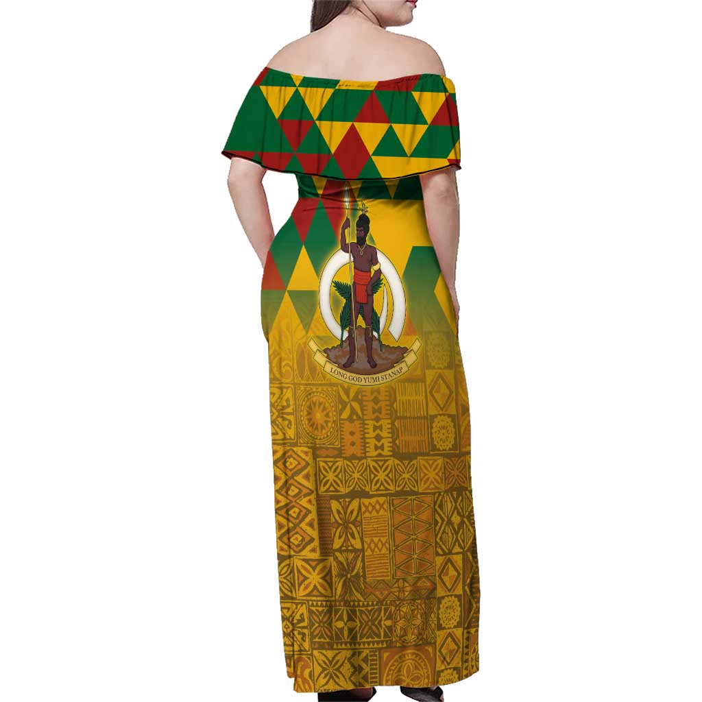 Melanesian Vanuatu Family Matching Off Shoulder Maxi Dress and Hawaiian Shirt With Tapa Tribal Pattern and Triangle Geometric Tricolor - Polynesian Pride