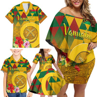Melanesian Vanuatu Family Matching Off Shoulder Short Dress and Hawaiian Shirt With Tapa Tribal Pattern and Triangle Geometric Tricolor - Polynesian Pride