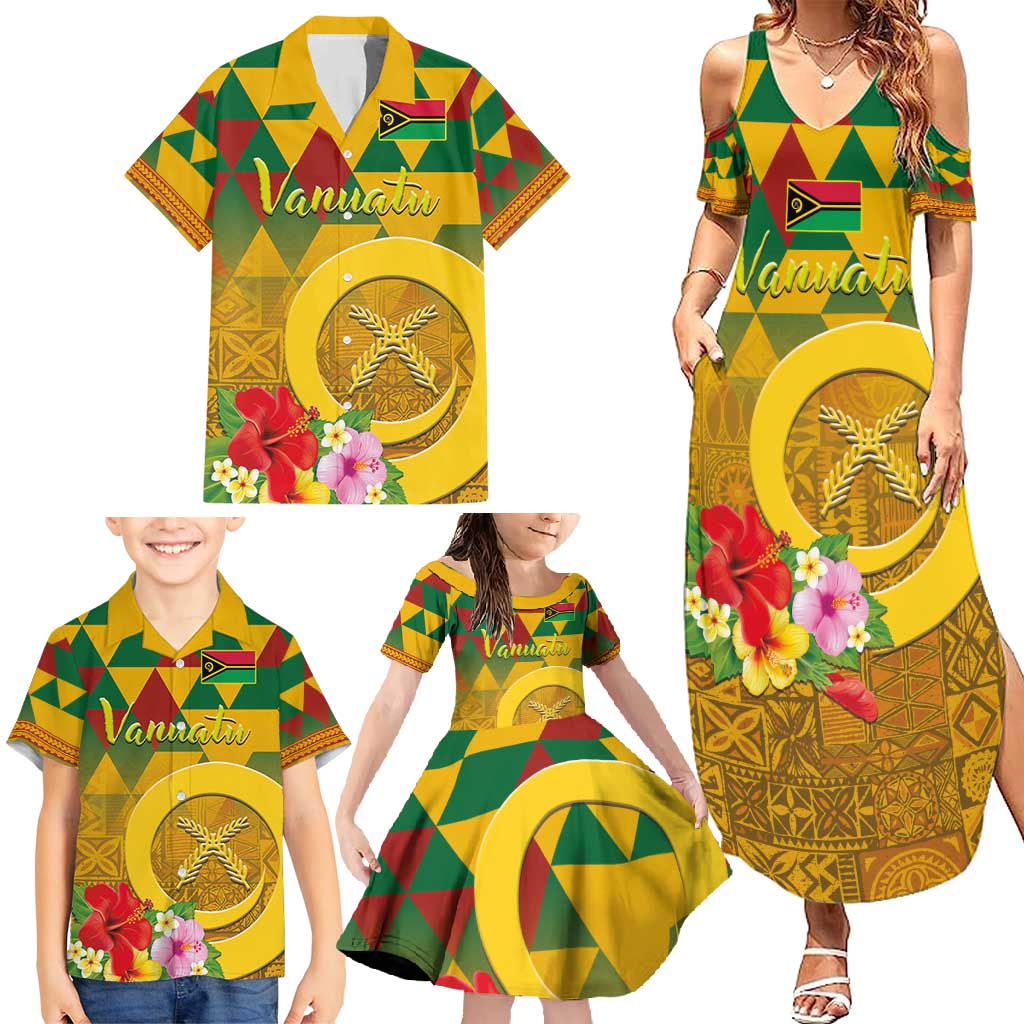 Melanesian Vanuatu Family Matching Summer Maxi Dress and Hawaiian Shirt With Tapa Tribal Pattern and Triangle Geometric Tricolor - Polynesian Pride