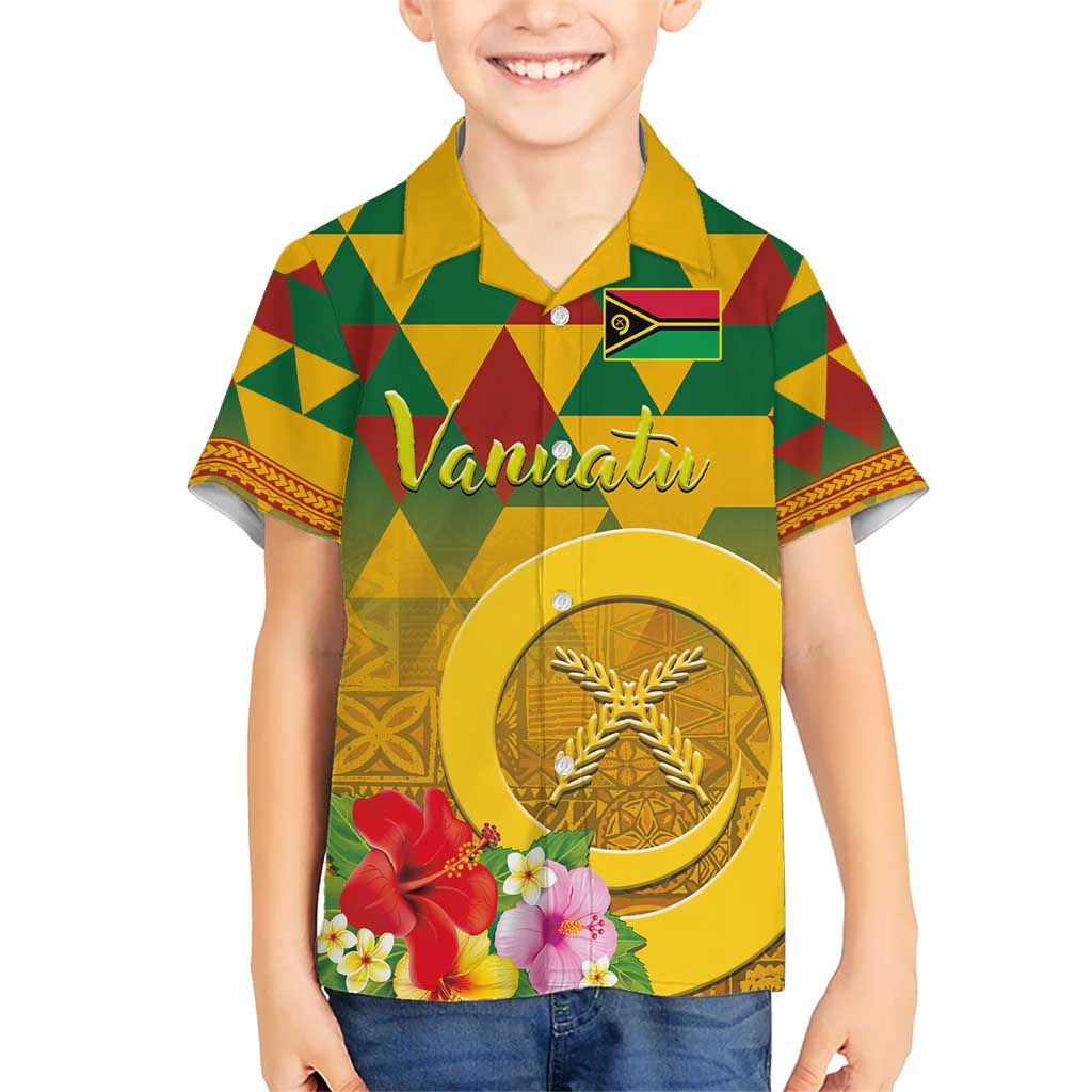Melanesian Vanuatu Kid Hawaiian Shirt With Tapa Tribal Pattern and Triangle Geometric Tricolor LT03 Kid Yellow - Polynesian Pride