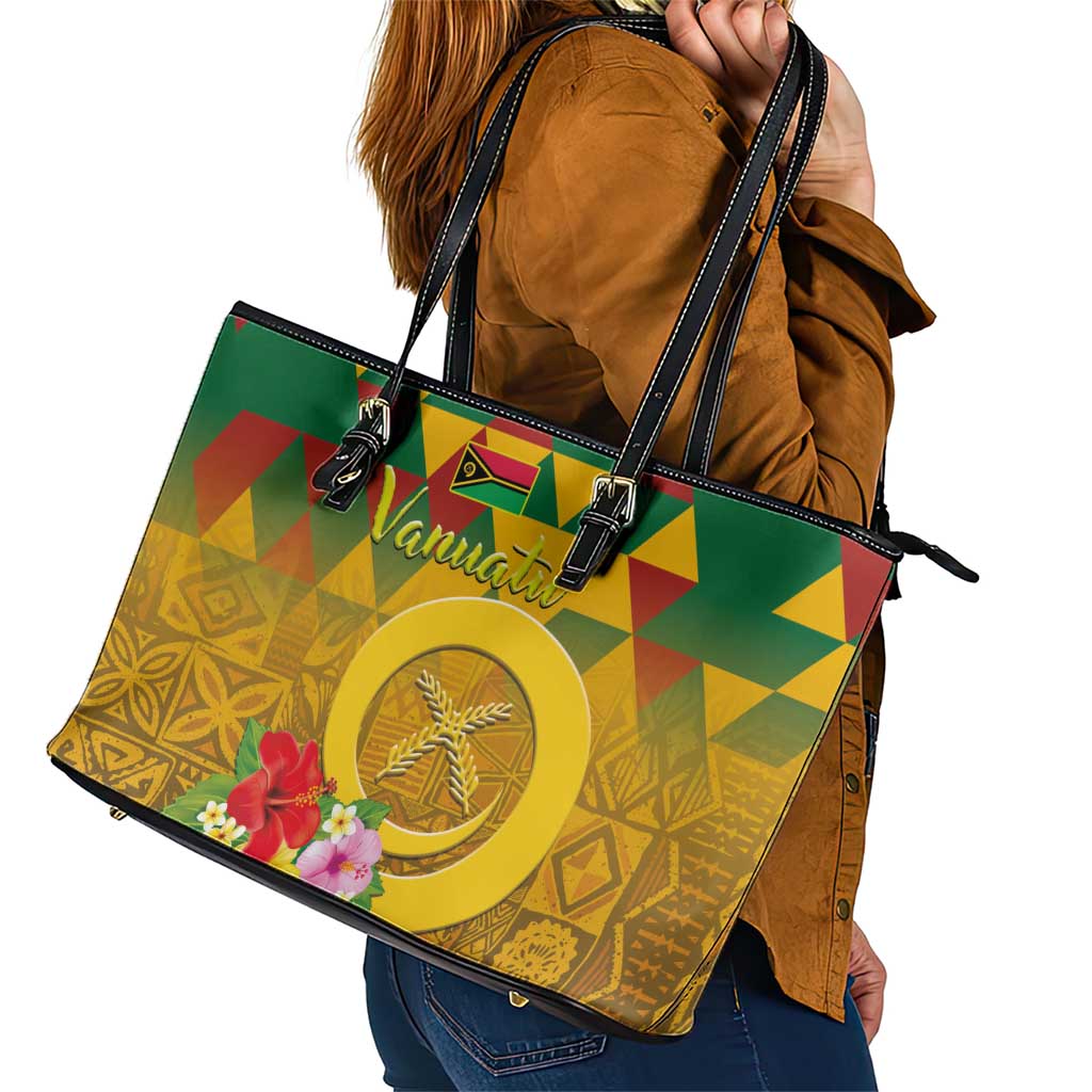 Melanesian Vanuatu Leather Tote Bag With Tapa Tribal Pattern and Triangle Geometric Tricolor - Polynesian Pride