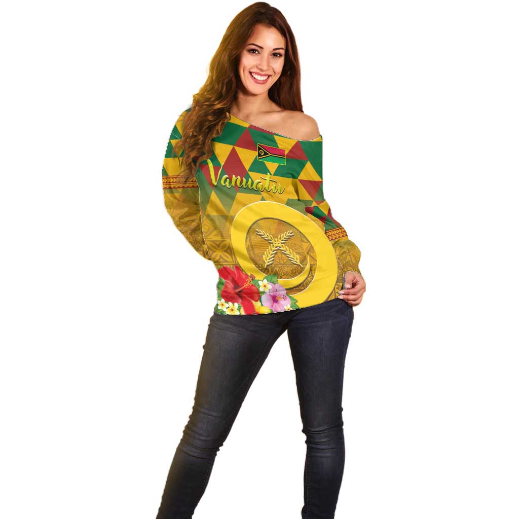 Melanesian Vanuatu Off Shoulder Sweater With Tapa Tribal Pattern and Triangle Geometric Tricolor - Polynesian Pride