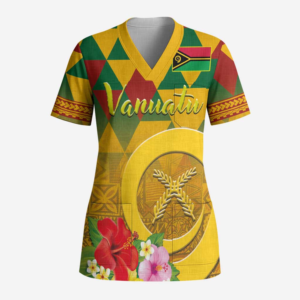 Melanesian Vanuatu Scrub Top With Tapa Tribal Pattern and Triangle Geometric Tricolor - Polynesian Pride