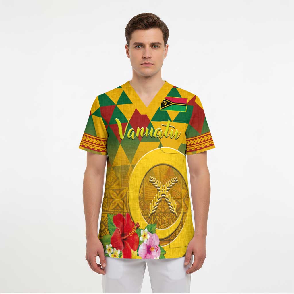 Melanesian Vanuatu Scrub Top With Tapa Tribal Pattern and Triangle Geometric Tricolor - Polynesian Pride