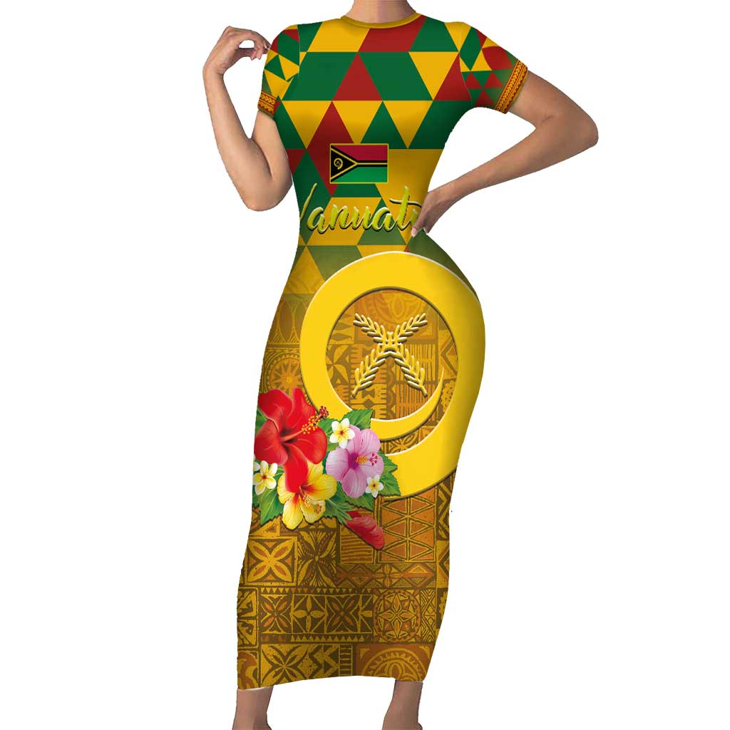Melanesian Vanuatu Short Sleeve Bodycon Dress With Tapa Tribal Pattern and Triangle Geometric Tricolor - Polynesian Pride