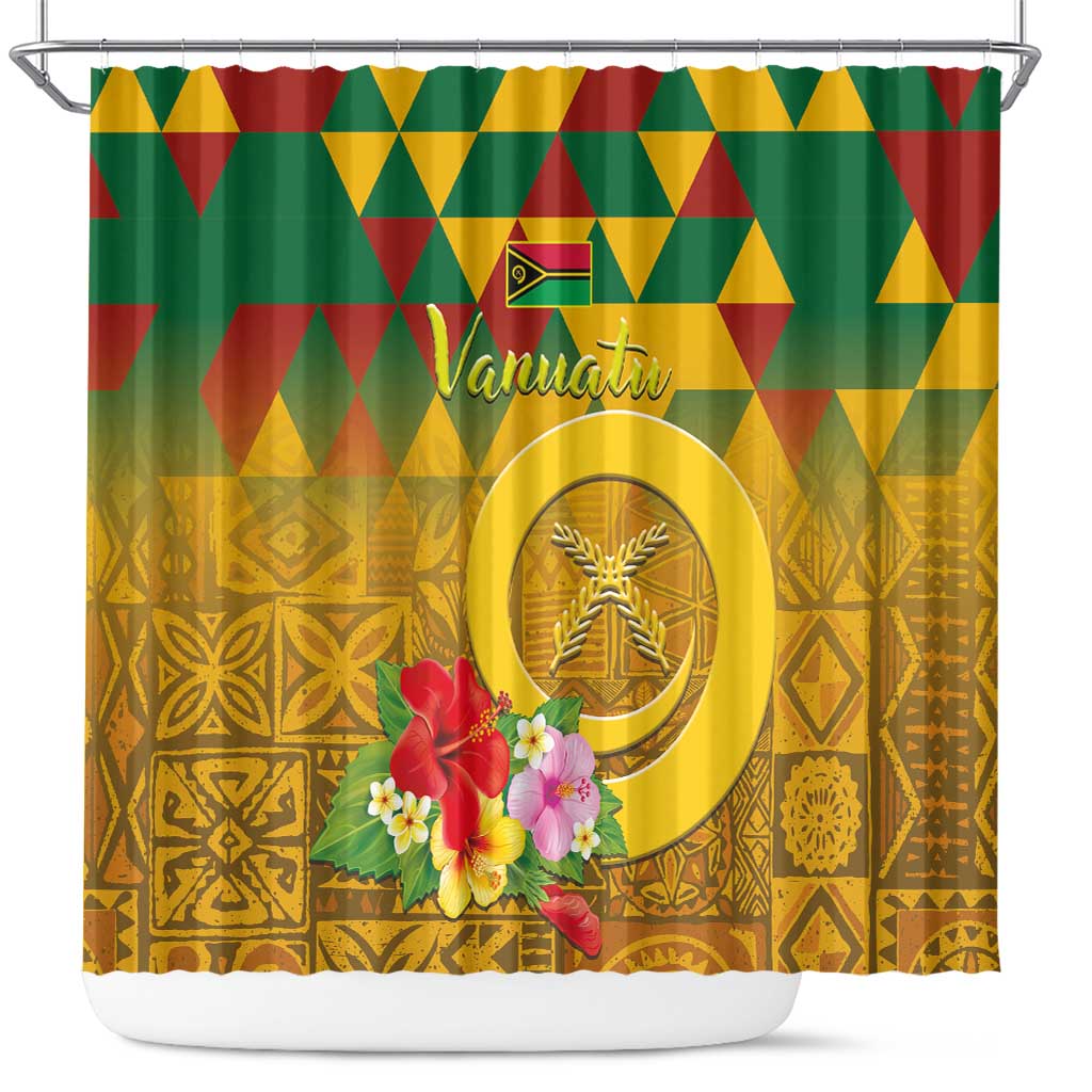 Melanesian Vanuatu Shower Curtain With Tapa Tribal Pattern and Triangle Geometric Tricolor - Polynesian Pride