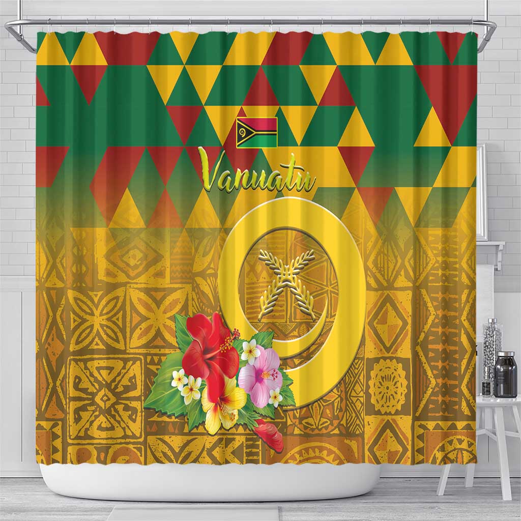 Melanesian Vanuatu Shower Curtain With Tapa Tribal Pattern and Triangle Geometric Tricolor - Polynesian Pride
