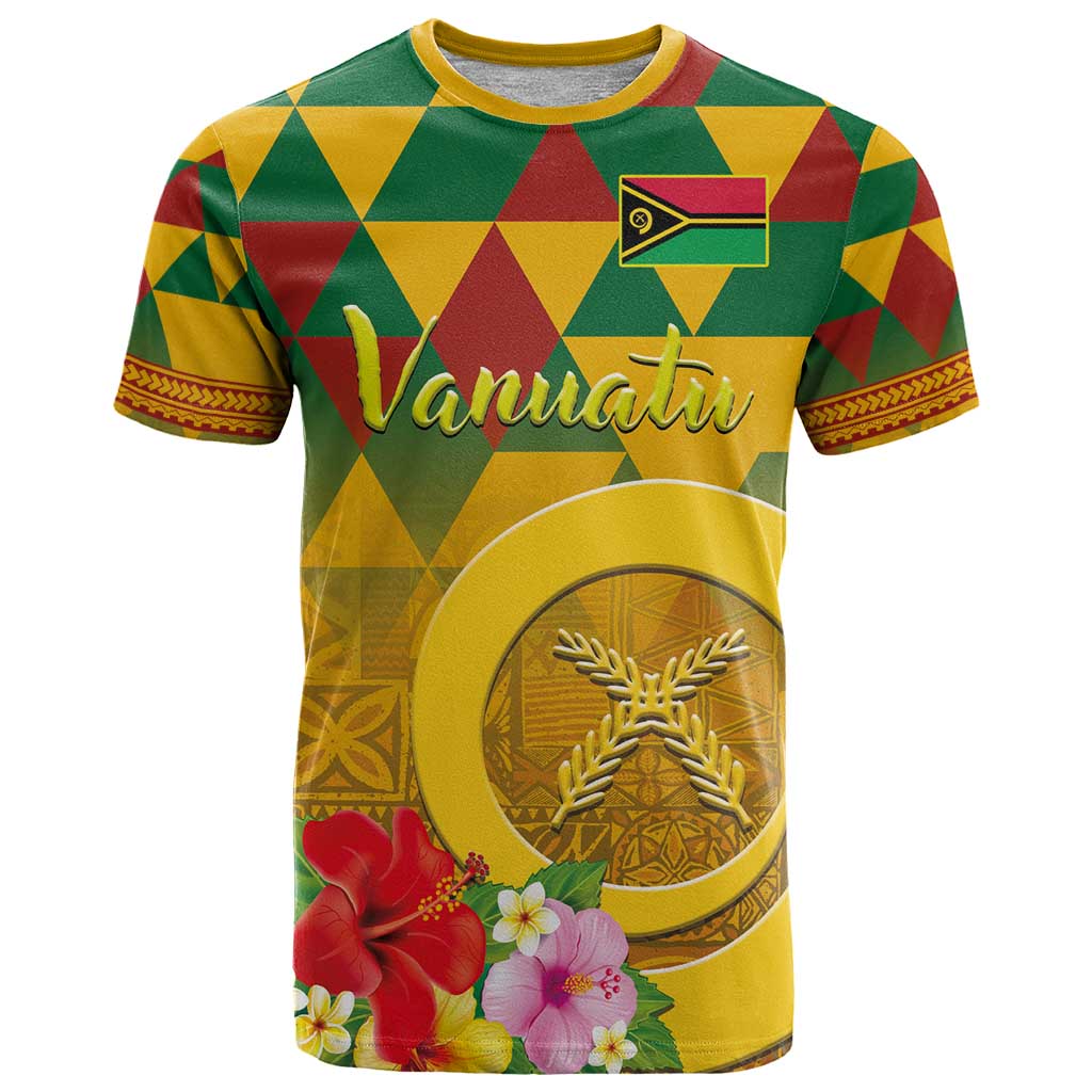 Melanesian Vanuatu T Shirt With Tapa Tribal Pattern and Triangle Geometric Tricolor - Polynesian Pride