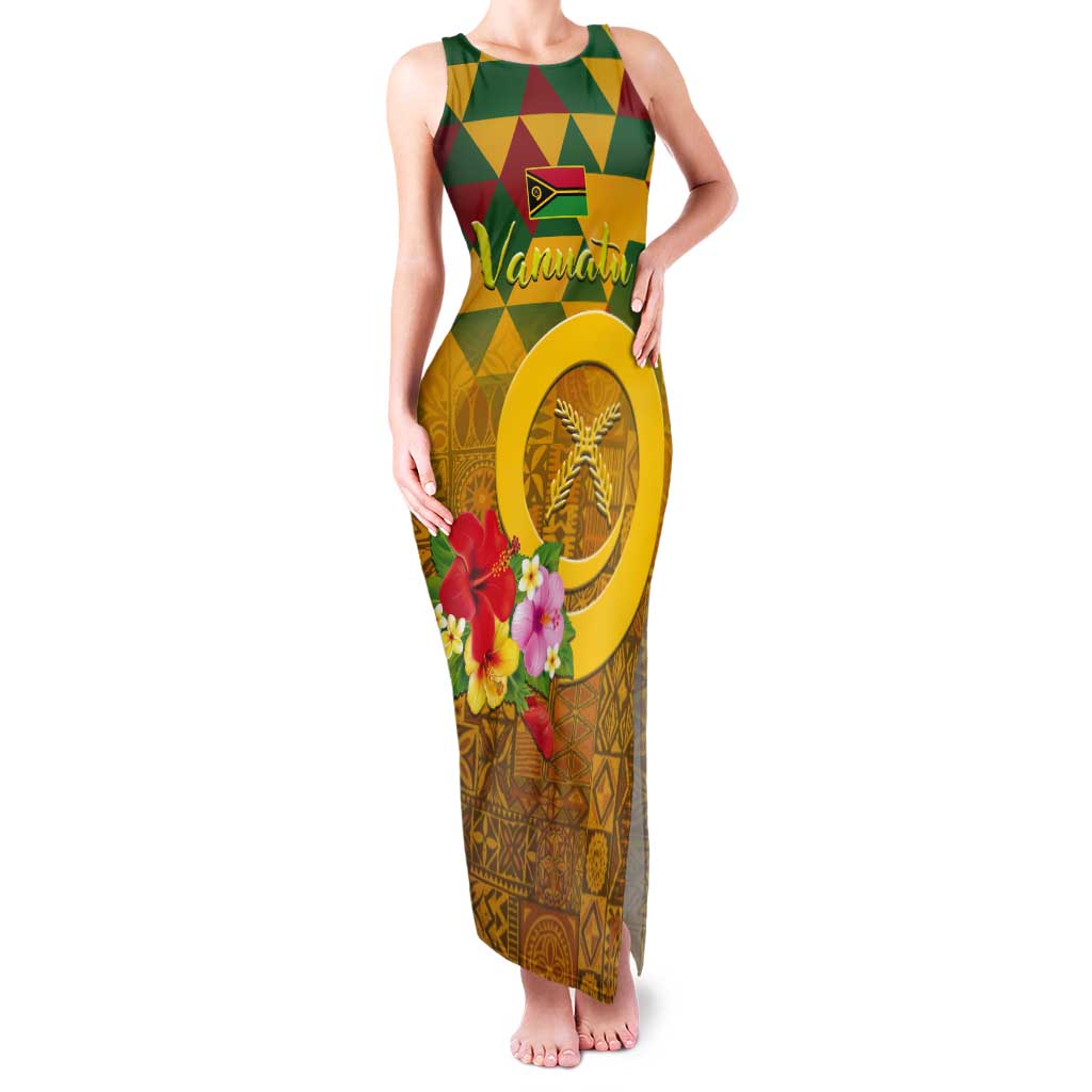 Melanesian Vanuatu Tank Maxi Dress With Tapa Tribal Pattern and Triangle Geometric Tricolor - Polynesian Pride