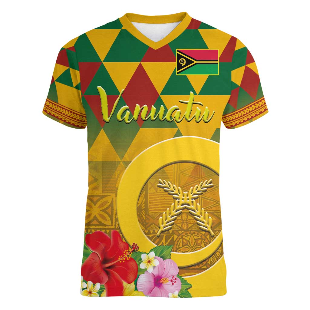Melanesian Vanuatu Women V-Neck T-Shirt With Tapa Tribal Pattern and Triangle Geometric Tricolor - Polynesian Pride