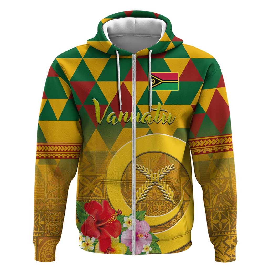 Melanesian Vanuatu Zip Hoodie With Tapa Tribal Pattern and Triangle Geometric Tricolor - Polynesian Pride