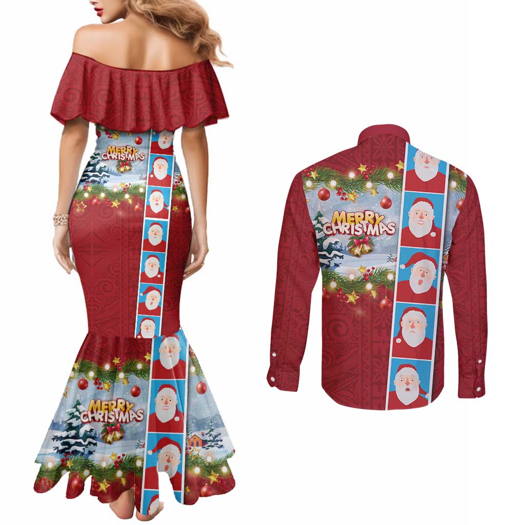 Merry Christmas Couples Matching Mermaid Dress and Long Sleeve Button Shirt Funny Santa Claus Cards Photo and Polynesian Pattern Red Color