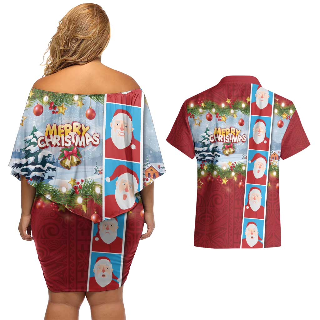 Merry Christmas Couples Matching Off Shoulder Short Dress and Hawaiian Shirt Funny Santa Claus Cards Photo and Polynesian Pattern Red Color