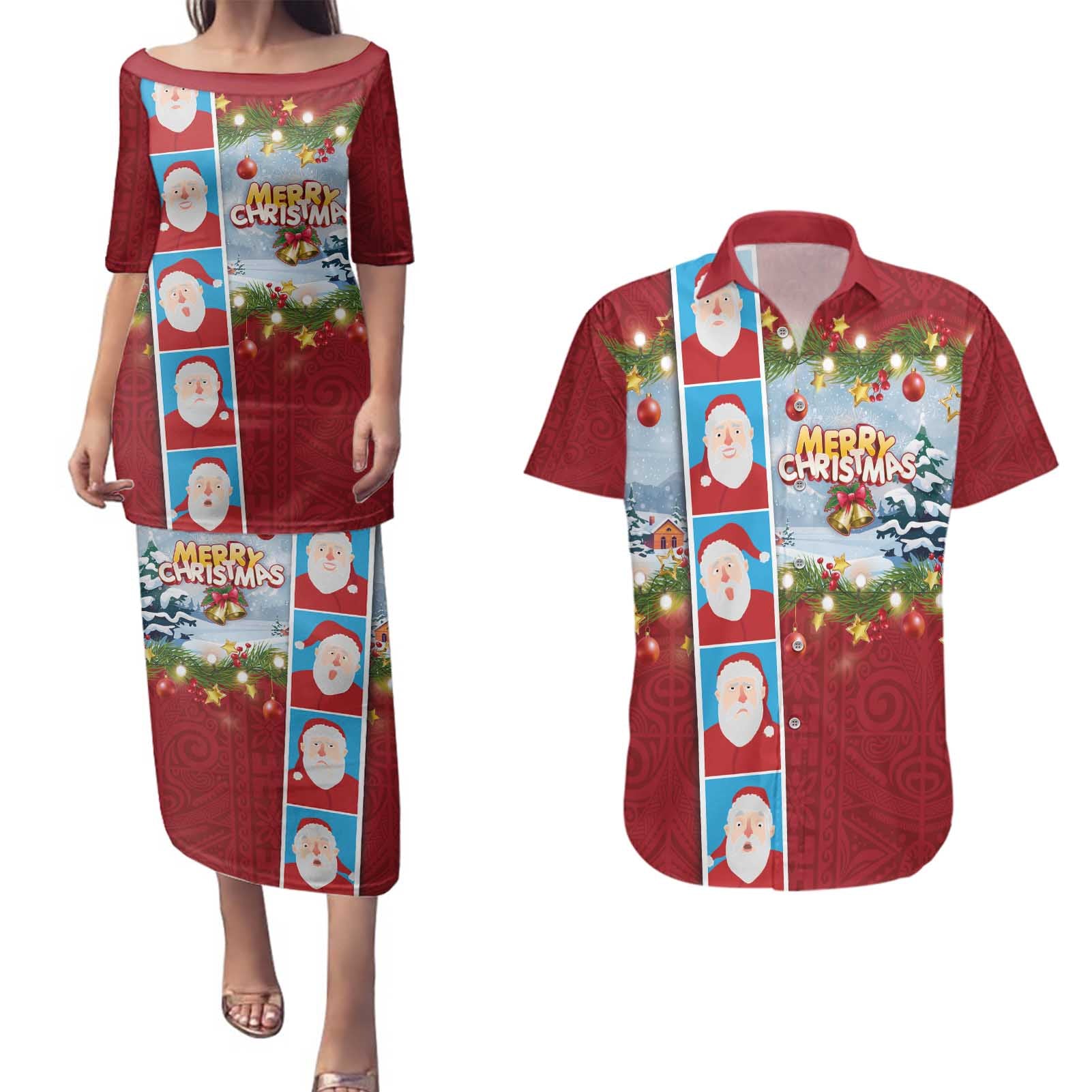 Merry Christmas Couples Matching Puletasi and Hawaiian Shirt Funny Santa Claus Cards Photo and Polynesian Pattern Red Color