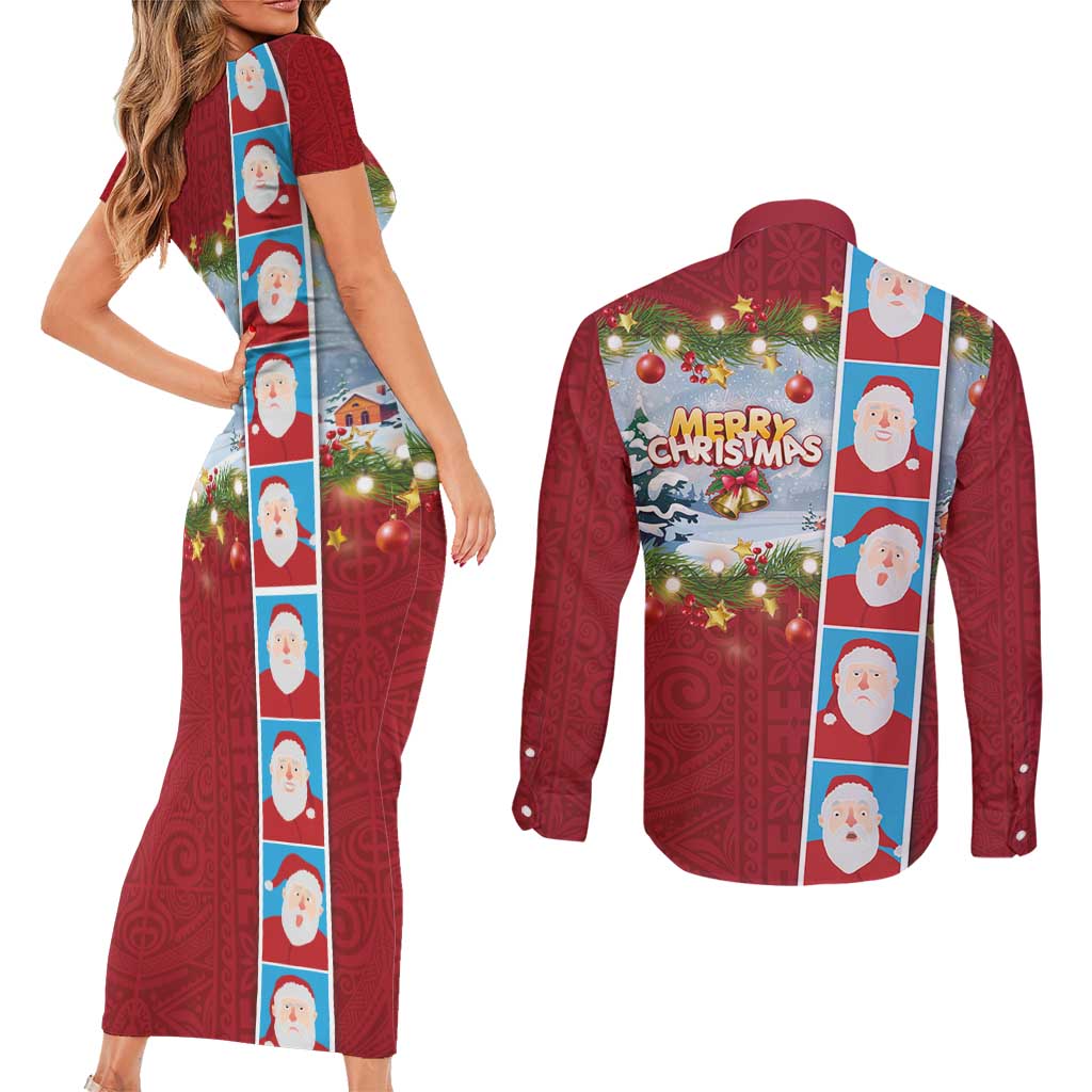 Merry Christmas Couples Matching Short Sleeve Bodycon Dress and Long Sleeve Button Shirt Funny Santa Claus Cards Photo and Polynesian Pattern Red Color