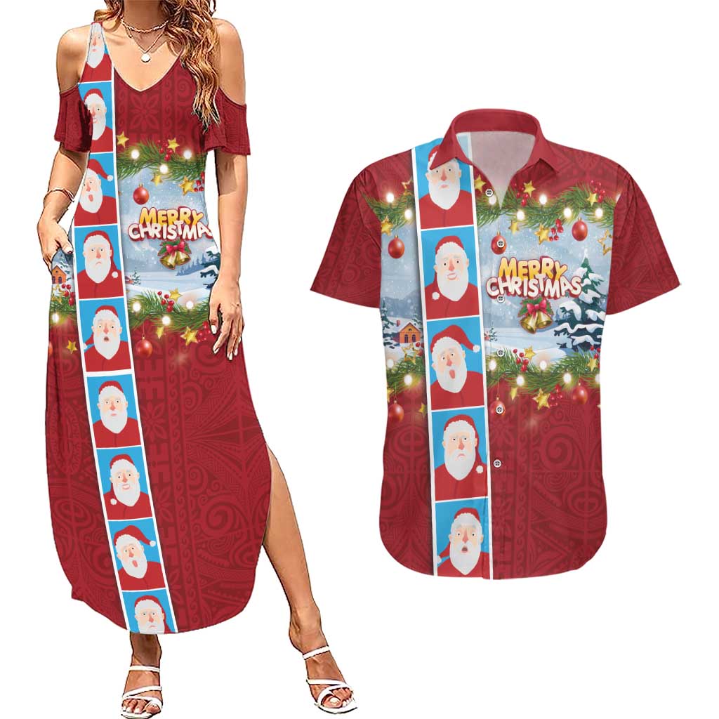 Merry Christmas Couples Matching Summer Maxi Dress and Hawaiian Shirt Funny Santa Claus Cards Photo and Polynesian Pattern Red Color