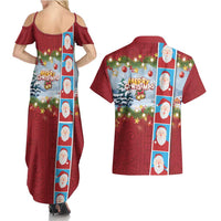 Merry Christmas Couples Matching Summer Maxi Dress and Hawaiian Shirt Funny Santa Claus Cards Photo and Polynesian Pattern Red Color