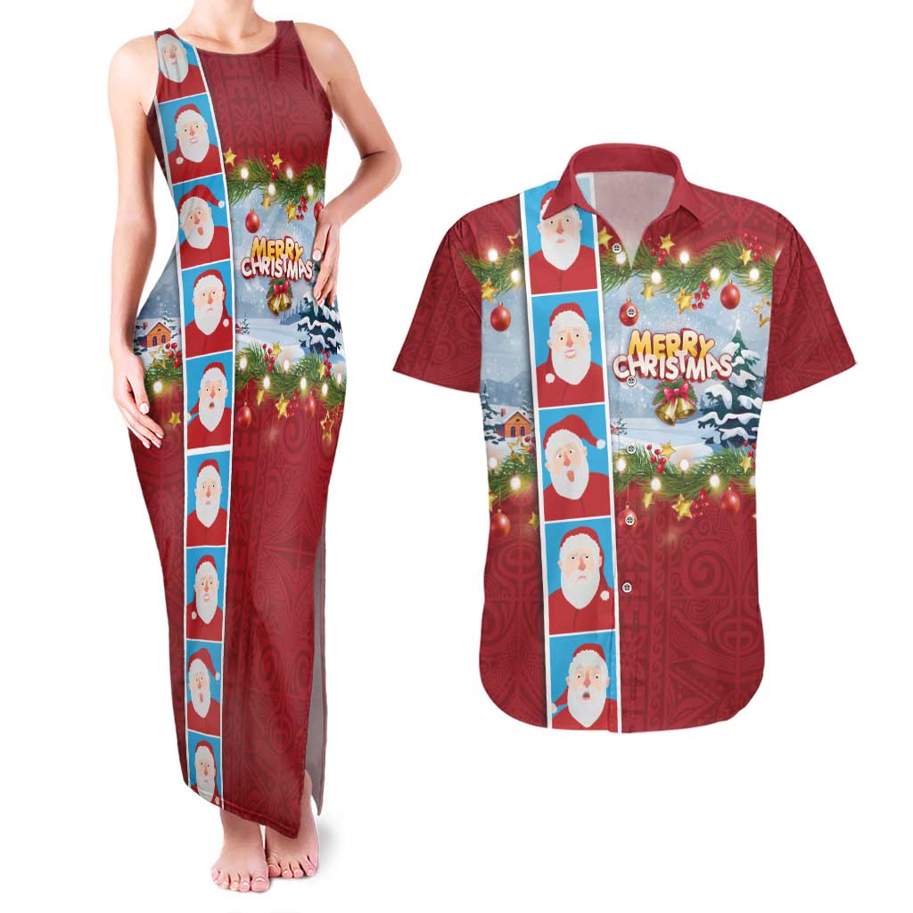 Merry Christmas Couples Matching Tank Maxi Dress and Hawaiian Shirt Funny Santa Claus Cards Photo and Polynesian Pattern Red Color