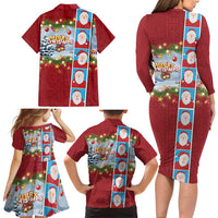 Merry Christmas Family Matching Long Sleeve Bodycon Dress and Hawaiian Shirt Funny Santa Claus Cards Photo and Polynesian Pattern Red Color