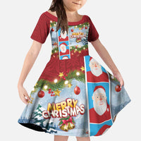 Merry Christmas Family Matching Off The Shoulder Long Sleeve Dress and Hawaiian Shirt Funny Santa Claus Cards Photo and Polynesian Pattern Red Color