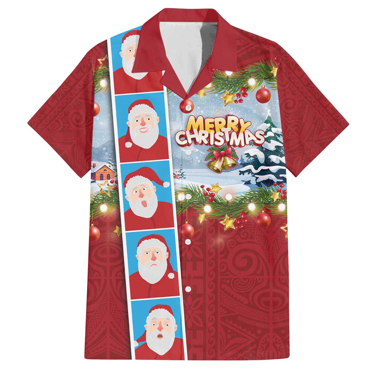 Merry Christmas Family Matching Off The Shoulder Long Sleeve Dress and Hawaiian Shirt Funny Santa Claus Cards Photo and Polynesian Pattern Red Color