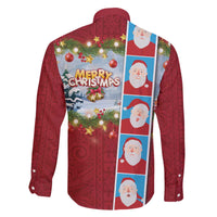 Merry Christmas Family Matching Off The Shoulder Long Sleeve Dress and Hawaiian Shirt Funny Santa Claus Cards Photo and Polynesian Pattern Red Color