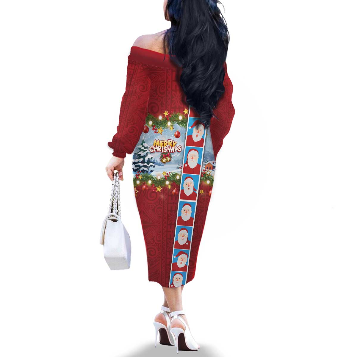 Merry Christmas Family Matching Off The Shoulder Long Sleeve Dress and Hawaiian Shirt Funny Santa Claus Cards Photo and Polynesian Pattern Red Color