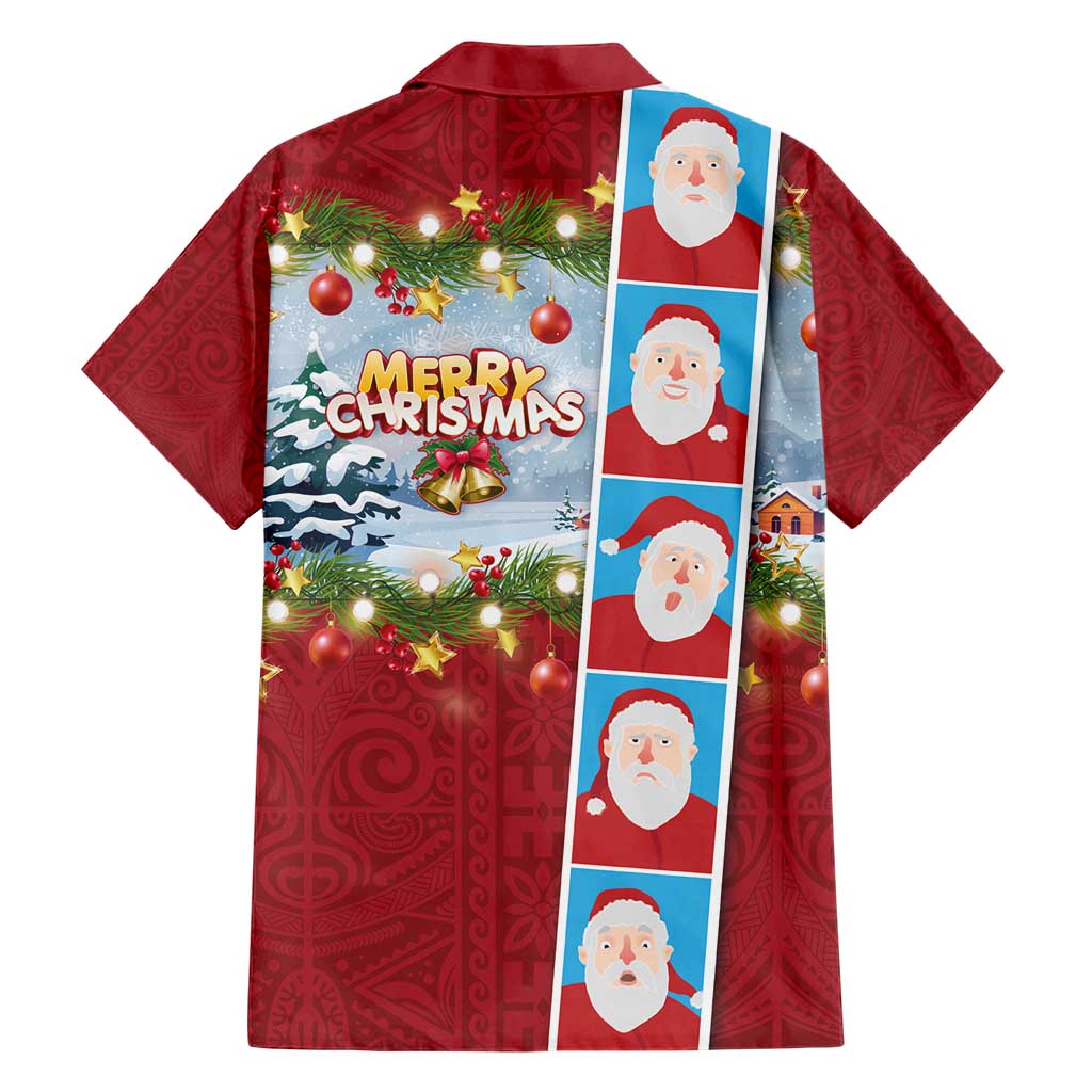 Merry Christmas Family Matching Short Sleeve Bodycon Dress and Hawaiian Shirt Funny Santa Claus Cards Photo and Polynesian Pattern Red Color