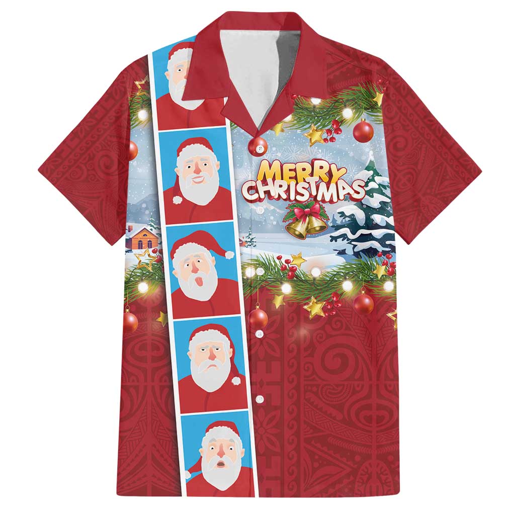 Merry Christmas Family Matching Summer Maxi Dress and Hawaiian Shirt Funny Santa Claus Cards Photo and Polynesian Pattern Red Color