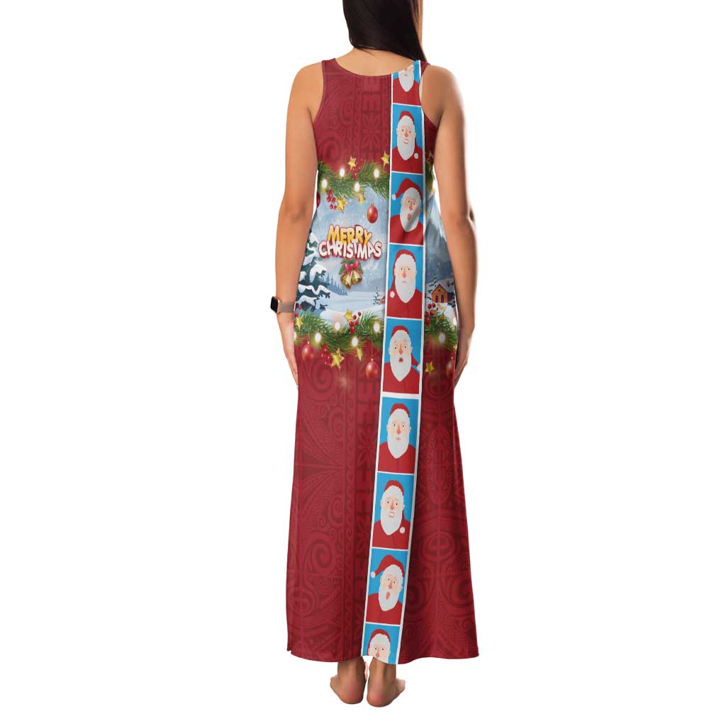 Merry Christmas Family Matching Tank Maxi Dress and Hawaiian Shirt Funny Santa Claus Cards Photo and Polynesian Pattern Red Color