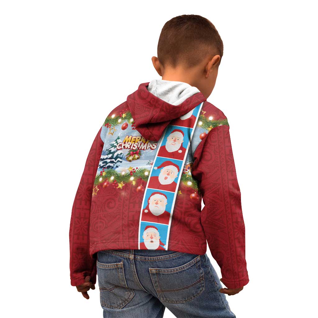 Merry Christmas Kid Hoodie Funny Santa Claus Cards Photo and Polynesian Pattern Red Color