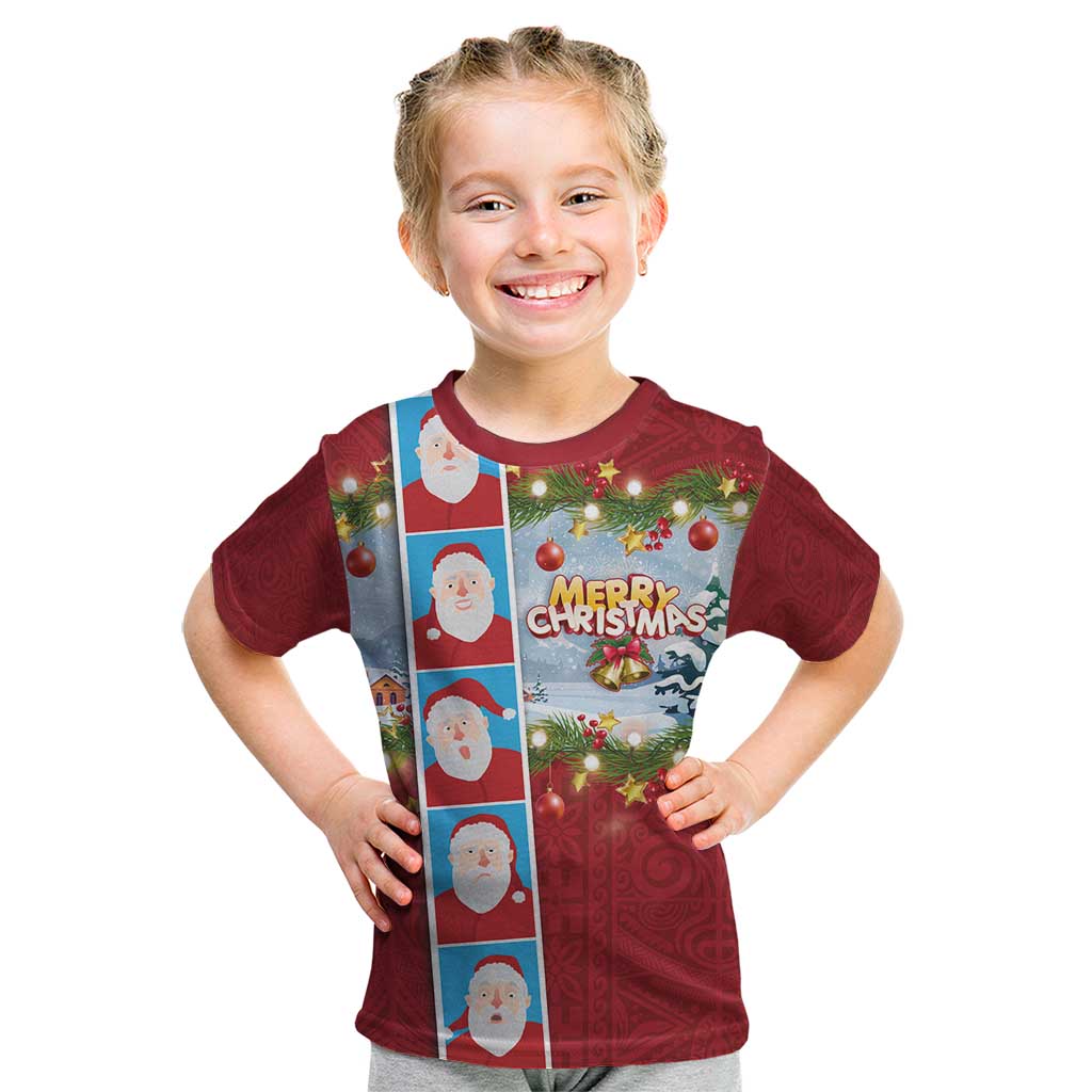 Merry Christmas Kid T Shirt Funny Santa Claus Cards Photo and Polynesian Pattern Red Color LT03 Red - Polynesian Pride