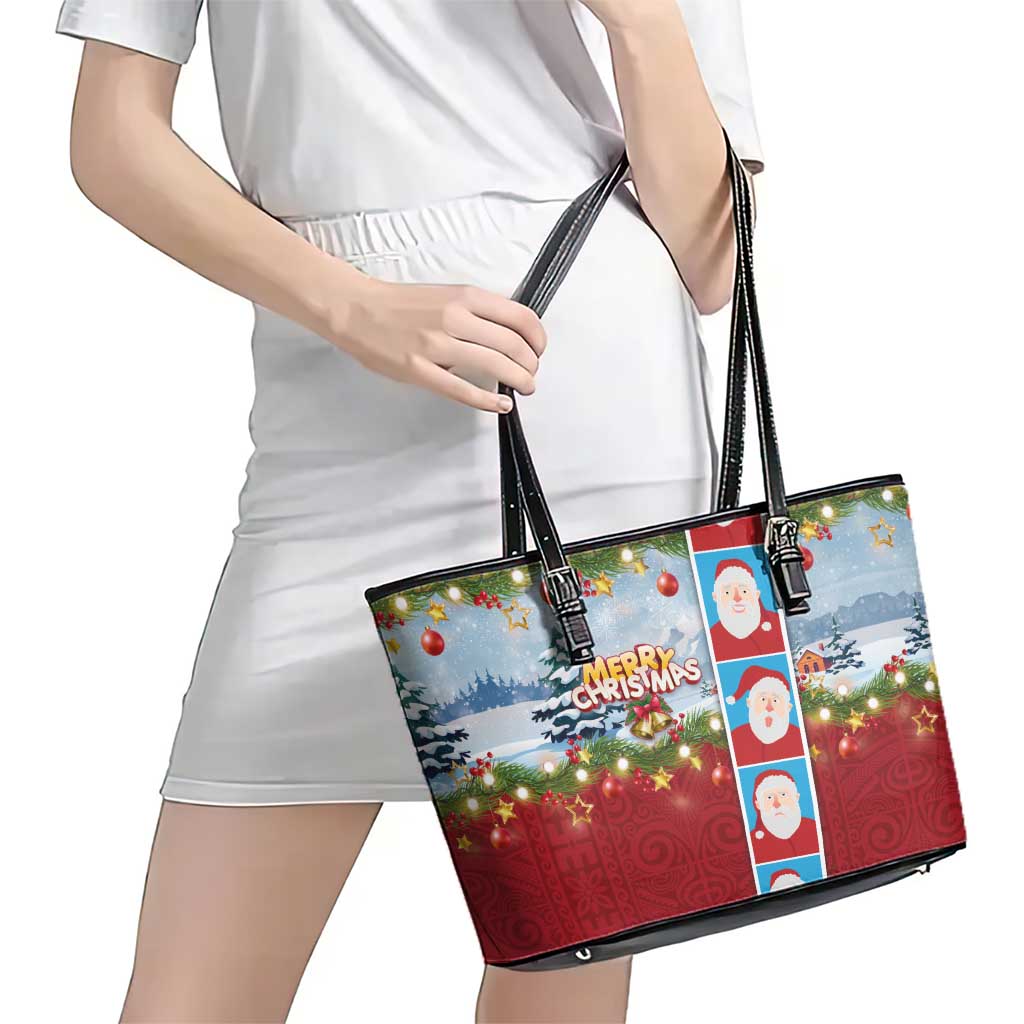 Merry Christmas Leather Tote Bag Funny Santa Claus Cards Photo and Polynesian Pattern Red Color