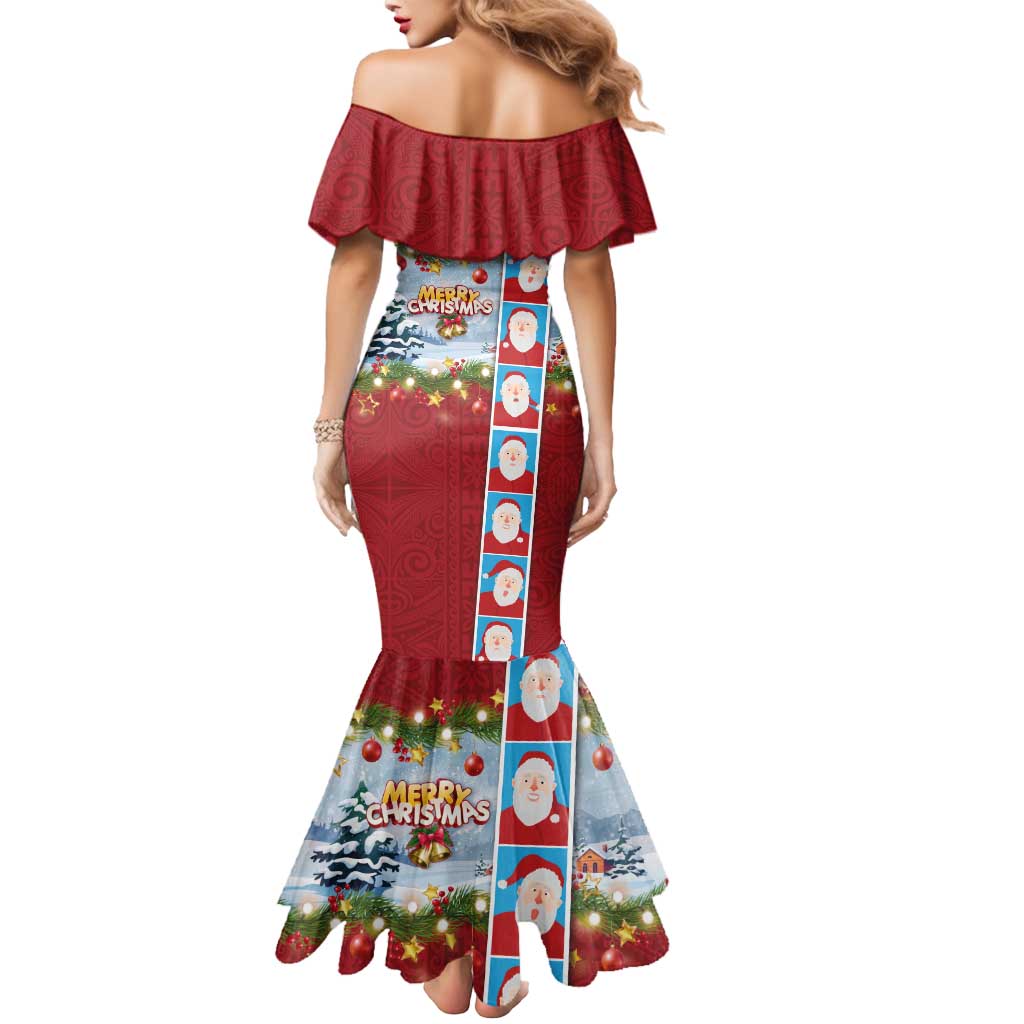 Merry Christmas Mermaid Dress Funny Santa Claus Cards Photo and Polynesian Pattern Red Color